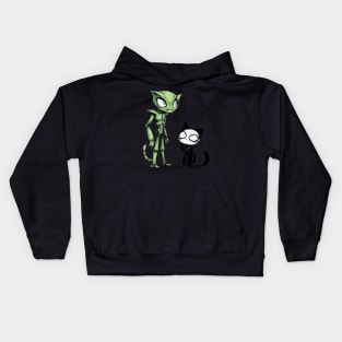 Green Alien and Black Cat Duo Kids Hoodie